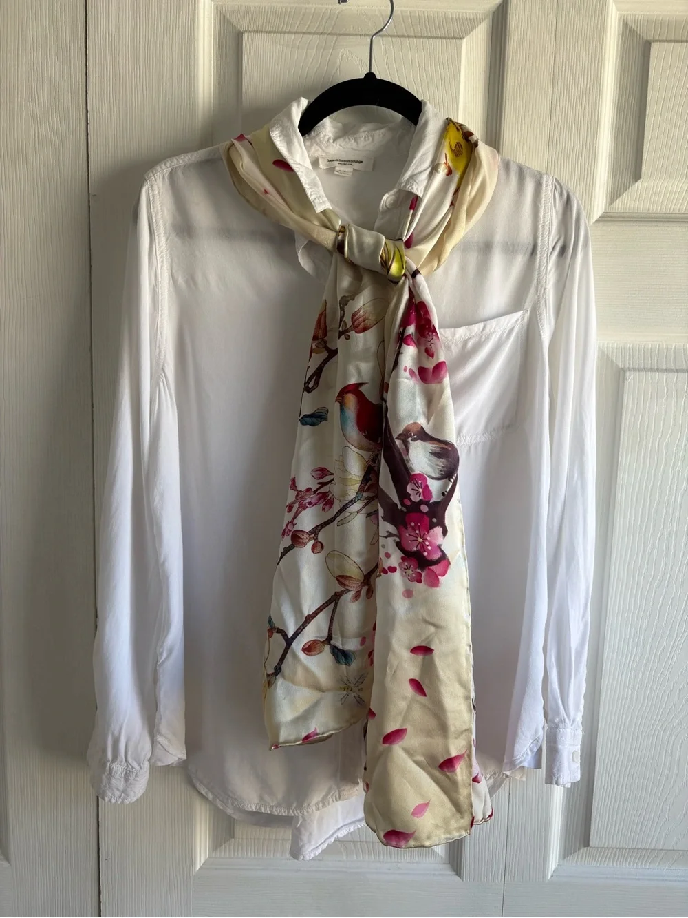 Luxury 100% Charmeuse Silk Long Scarf Cherry Blossom Bird Floral Novelty Academi